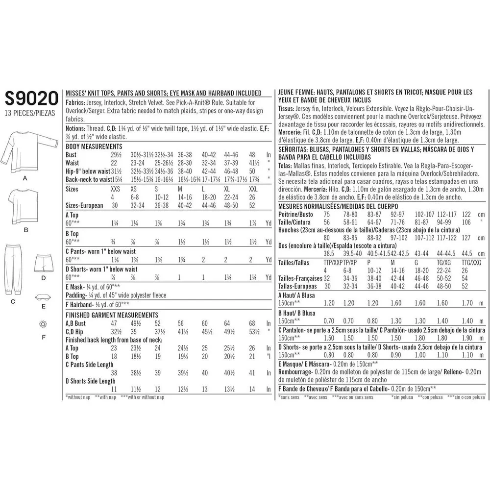 Simplicity S9020 Loungewear Sewing Pattern Women XXS-M Uncut Knit Top Pants‎